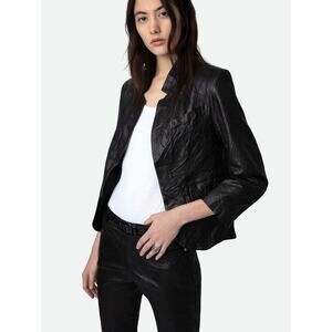 Zadig&Voltaire Verys Open Front Crinkled Leather Blazer Jacket Blue Size 34/XS